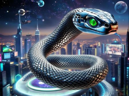 An awe-inspiring futuristic scene featuring a massive metallic snake slithering through a neon-lit, cyberpunk cityscape. The snakeâs body is intricately designed with segmented steel plates, glowing with soft blue and green LED-like accents. Its head is sleek and robotic, with piercing, glowing eyes emitting a powerful aura. The city is a marvel of advanced technology, with towering skyscrapers, holographic billboards, and flying vehicles zipping through the air. The atmosphere is filled with a mix of mystery and wonder, illuminated by a vibrant skyline with distant stars and planets. The metallic snake winds itself around a glowing, levitating platform, blending elements of alien design and advanced robotics