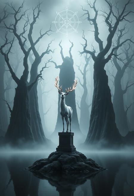 A twisted forest of blackened trees rising from a reflective lake, shrouded in silver mist. In the center, a pale deer with glowing antlers stands on a stone pedestal, staring skyward. The fog parts like breath, revealing faint celestial symbols. Haunting elegance with surreal poise