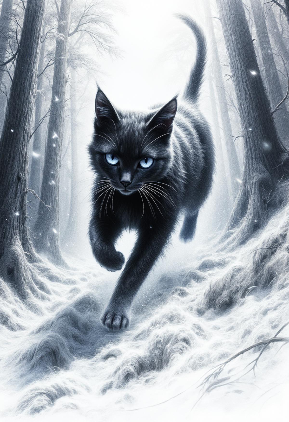 The black and white cat swiftly dashes through the dense forest, its paws leaving behind swift, dark impressions on the soft, moist earth. The rough sketch captures the agile grace of the feline, with erased lines suggesting a dynamic, energetic movement. This pencil drawing is a masterful work of art, trending on ArtStation for its captivating simplicity and intricate details. The blue pencil adds depth and contrast, creating a dreamlike atmosphere that highlights the cat's swiftness and the forest's mysterious allure.blue eyes ,  <lora:glowing_flux.safetensors:1.0>,  <lora:FluxDFaeTasticDetails.safetensors:1.0>,