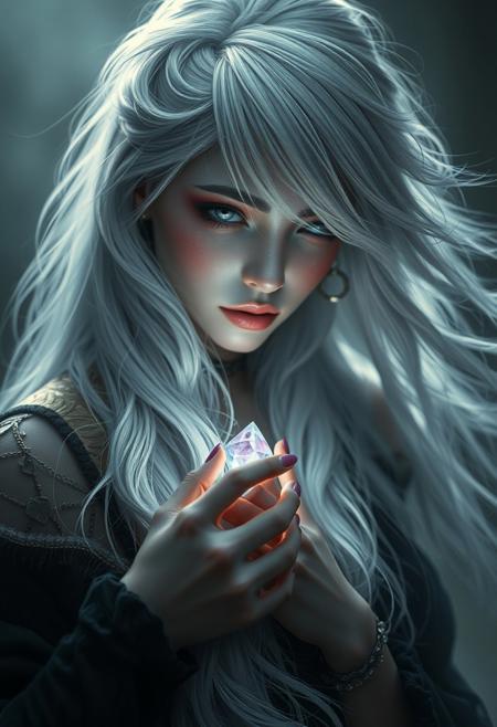 Shadowed-luminary, nightmare-fantasy woman with silver-white hair, graphic-adventure character, embracing a small glowing wish-ruby, realistic and highly detailed photograph, soft pastel hues, dramatic realism, sharp-focused, wide-angle, with motion-blurred background, delicate sparkles in asymmetrical hair layers