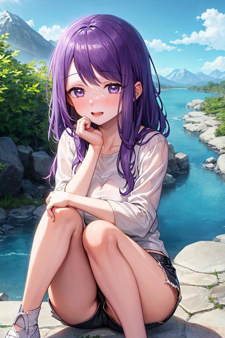 1girl, kubonagisa, purple eyes, purple hair, long hair, bangs, shirt, short shorts, embarrassed, blush, sitting, mountain, river  <lora:kubo:1>