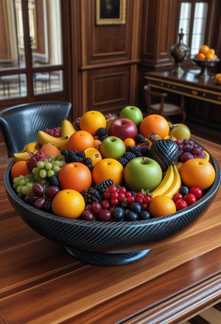 cf_style, carbon fiber fruit, wooden bowl full of diffrent fruit, on wooden table, rich mansion interior, masterpiece, best quality, highly detailed, high resolution, absurdres