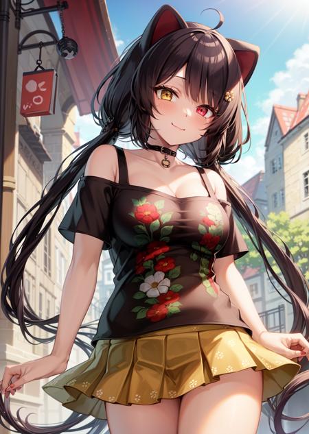 masterpiece, best quality, (twincle eyes:1.1), 1girl,
<lora:inuiToko-000008:0.7>,inuiToko, long hair, low twintails, heterochromia, red flower,
dog ears, animal ears, tail,
(off-shoulder shirt, off shoulder, black shirt, floral print, green skirt, print skirt, bare shoulders, pleated skirt, print shirt, miniskirt, cleavage, short sleeves,:1.1)
smile, looking at viewer, collarbone,