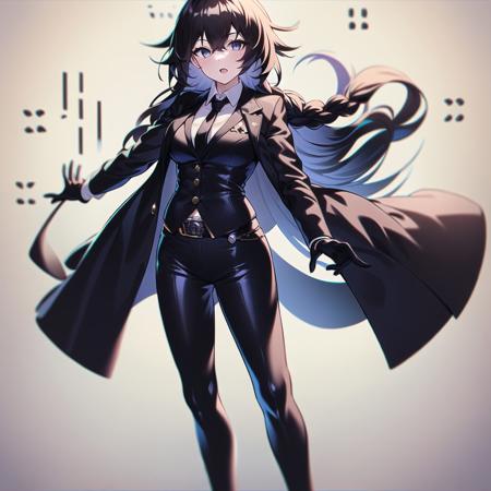 1girl, bangs, belt, black belt, black gloves, black jacket, black necktie, black pants, blush, braid, breast pocket, breasts, collared shirt, formal, gloves, grey eyes, hair between eyes, hair flaps, hair ornament, hair over shoulder, highres, jacket, long hair, looking at viewer, necktie, open mouth, full body