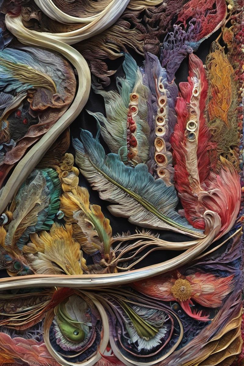 An artistic display of various colorful feathers arranged in a decorative manner.