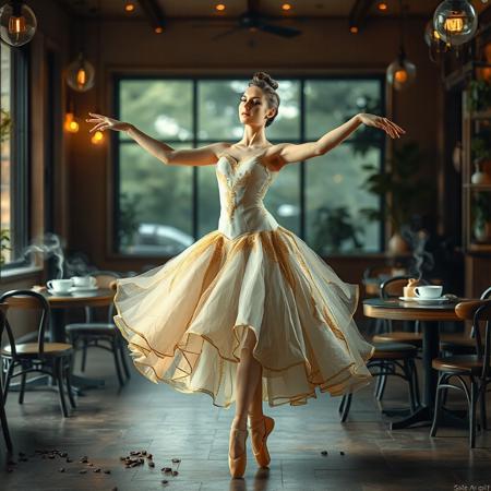 Create an image of a ballerina performing a graceful caruchino dance. The ballerina is dressed in a unique costume made of coffee foam, which looks like a light and airy cloud. The costume should have gold, cream and gold, imitating the texture and color of coffee with milk. The background shows a cozy coffee shop with soft lighting, tables and chairs are visible. There are cups of coffee and desserts on the tables, creating a cozy atmosphere. You can add coffee—related elements around the ballerina, such as coffee beans or steam rising from cups. The ballerina looks elegant and confident, with graceful movements of her arms and legs. The lighting should be warm and soft, with the addition of the texture of the costume and the atmosphere of the dishes." This software can be used to generate images in various graphic editors or AI image generators.