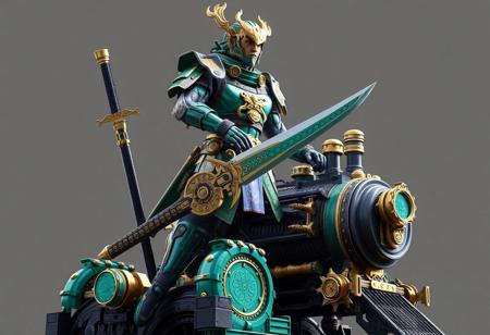 expert Intricate Ancient Gear Engineer steampunk, emerald green & sapphire blue & gold accents, humanoid mech, visor, confident stance, hand on hip, holding large Fusion Sword Murasame Blade, standing tall on a Superheavy Samurai Steam Train King. Hyper detailed, cinematic lighting, sharp focus, isometric, contemporary aesthetics, splash ink style, Raphael/Houdini influence, Octane render, Unreal Engine 5, 4K, high resolution, impeccable composition, CGSociety, trending on ArtstationHQ, Golden Ratio.