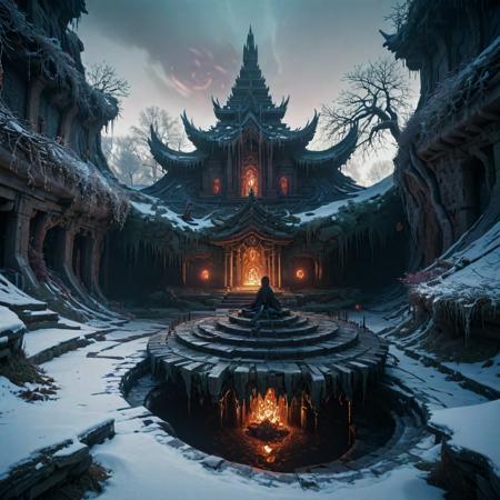 (by Alejandro Jodorowsky:0.9) and (Nuri Bilge Ceylan:0.8) , anime key visual, League of Legends Splash Art, Fashion shot of a Orphism Great ("Curse of Vitality":1.3) , surreal, at Ridiculous Temple, Western roots with Nature, Snowy, shallow depth of field, Ultra Detailed, Depressing, Europunk, Moonlit, pinhole lens, anaglyph effect, Swirling, dynamic composition, ultra high res, trending on CGSociety