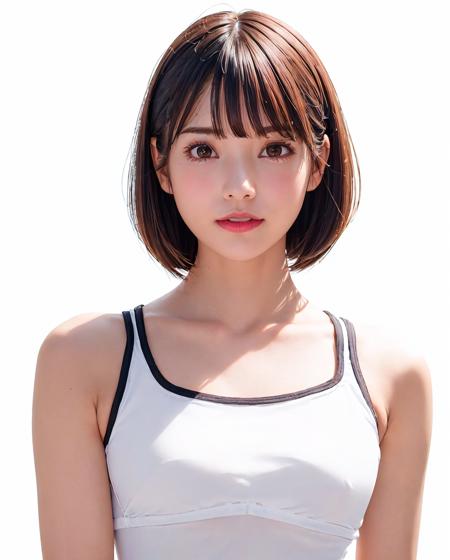 best quality, photorealistic, 8k, high res, 1girl, woman, (skindentation), (portrait:0.6), gorgeous, ((whitebackground, sport tanktop, small breast:1.65)), (short wavy hair, parted bangs:1.6), looking at viewer,  (1girl eyes looking at viewer:1.6), photorealistic, (bokeh), (floating hair, smile:1.3), gorgeous, pureerosface_v1:1,  <lora:av-Lemon:0.55>