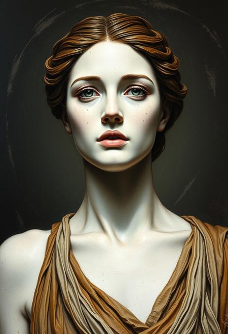 full shot, front view of a beautiful Greek Goddess, white clay textured skin, oil painting Rembrandt style, black background, hard brush stroke style
