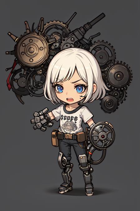 (best quality), (masterpiece), (CHIBI), dramatic light, 1girl, cogwheel room, mechanical prosthetic hand, (excessvie cogwheels), prosthetic hand, face mask, steampunk, perfect face, cyborg, T-shirt, pants, perfect face, simple background, upper body, detailed face, teeth, open mouth, Ultra-detailed