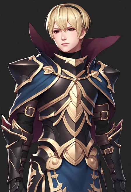 leo, 1boy, red eyes, blonde hair, headband, black armor, black boots, black gloves, blue cape leo, 1boy, red eyes, blonde hair, headband, shirtless, shorts, blue cape