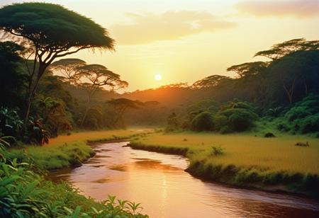 neo-artistic, the tranquil beauty of an African rainforest at sunset, with a serene river flowing through the landscape. Warm, sun-kissed hues and intricate textures blend in perfect harmony, evoking the essence of the African savannah, accurate, refined, defined, high quality, fine details, grainy photograph, 1980s photo with film grain, 80s photo with vignetting, retro, 80s photo, vintage photo, natural beauty, follow negative prompts,