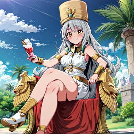 masterpiece, best quality, (1girl, solo),
umami, throne, 1girl, crossed legs, sitting, crown, long hair, smile, jewelry, breasts, palm tree, yellow eyes, looking at viewer, armlet, tree, egyptian, solo, egyptian clothes, sky, white hair, day
<lora:Umami-0011:0.7>
perfect anatomy, dynamic pose, full body, looking at viewer, 
outdoors,((( blush)))