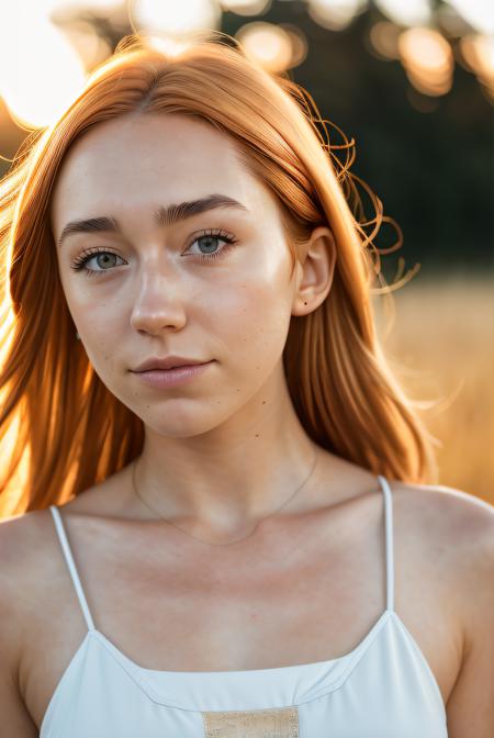 best quality raw photo of (An4S41401-1300:0.99), looking away, (summer dress:1.2), photo shot on Nikon D850, 16k, sharp focus, masterpiece, Hyper Detailed, breathtaking, atmospheric perspective, diffusion, pore correlation, skin imperfections, DSLR, 80mm Sigma f2, depth of field, film grain, outdoor in a field, sunset lighting, (golden hour:1.2), (detailed face:1.1), skin pores, 8k, skin texture, dslr,