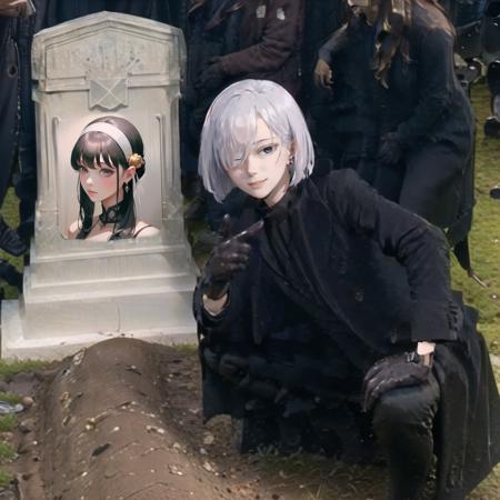 Highly detailed, High Quality, Masterpiece, beautiful, QueensGraveMeme, <lora:GrantGustinNextToOliverQueensGraveMeme:1>, v, smile, 1girl, fiona frost, short white hair, hair over one eye, coat, black pants, gloves, <lora:Char_SpyXFamily_FionaFrost:0.8>