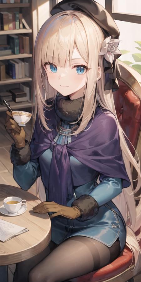 1girl, solo, masterpiece, best quality, <lora:reines_v2:0.8>, reines\(normal\), hat, gloves, smile, brown gloves, backlighting, looking at viewer, flower, black headwear, long sleeves, beret, closed mouth, fur collar, scarf, window, coat, fur trim, ribbon, hair flower, jacket, fur-trimmed sleeves, blue jacket, blue coat, black pantyhose, indoors, bookshelf, table, chair, sitting, holding teacup, dessert on table