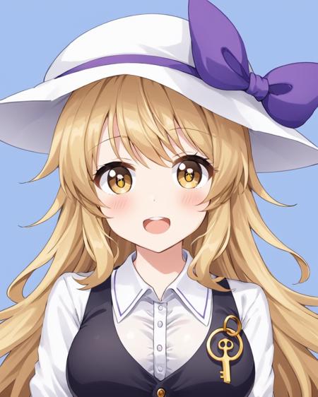 watatsuki no toyohime,1girl, solo, white_headwear, white_shirt, open_mouth, long_sleeves, hat_bow, english_text, upper_body, holding, purple_bow, looking_at_viewer, upper_teeth_only, blush, sign, breasts, collared_shirt, black_vest, nail_polish, hat_ribbon, fingernails, red_nails, :d
<lora:watatsuki_no_toyohime_image378_2023-12-20:1>,star-shaped_pupils,symbol-shaped_pupils,. gorgeous,key visual, vibrant, studio anime,award-winning, professional, highly detailed,high budget, cinemascope