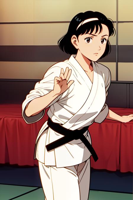 YAWARA \(YAWARA!\), (Urasawa_Naoki style), 1girl, solo, solo focus, YAWARA \(YAWARA!\), ((Urasawa_Naoki style)), short hair, black haie, black eyes, white Judo-uniform, white Judo-pants, ((red belt:1.2)), bare feet, 1 side-up short-tail, white inner shirt, Judo master, standing, ((upper body, face close-up, Face focus, from front, front view, head on, looking at viewer)), 1girl, solo, solo focus, YAWARA \(YAWARA!\), ((Urasawa_Naoki style)), 18yo, short hair, black hair, black eyes, middle brests, one-side-up short-tail, (((camisole, miniskirt, Long knee high socks, absolute territory, sneakers))), standing, ((upper body, face close-up, Face focus, from front, front view, head on, looking at viewer)),