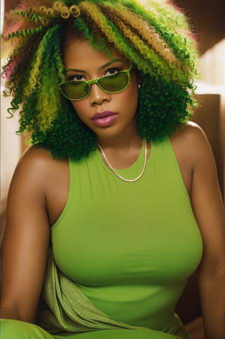 realistic photo of Kelis (green afro, makeup, lipstick), green sunglasses ((headshot photograph)), promo image, inspired by Myra Landau