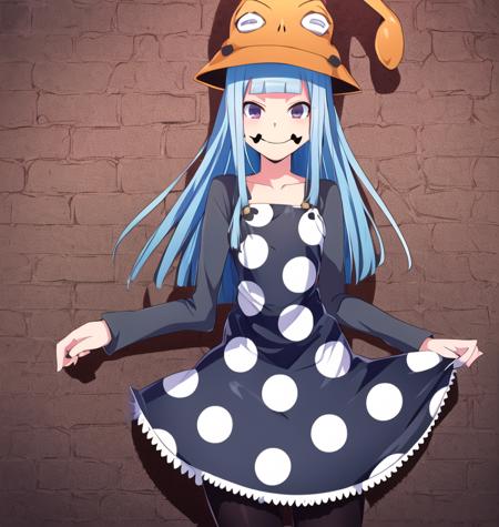 masterpiece, high quality, extremely detailed,  <lora:eruka:1>, eruka frog (soul eaters), 1girl, solo, long hair, smile, bangs, hat, dress, blue hair, pantyhose, boots, blunt bangs, polka dot, polka dot dress,  dungeon, thick thighs, cowboy shot,