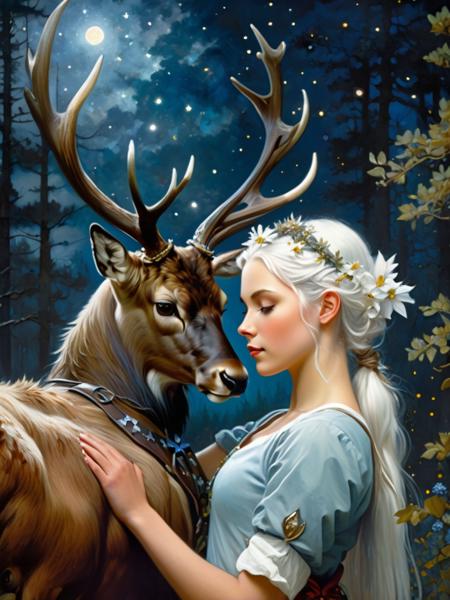 <lora:04Vintageillustration_Hap_XL:3.3>,Norman Rockwell style A mystical scene, a young beautiful girl with white hair holds a warrior man in her arms under the starry night sky and Above them a majestic stag with glowing antlers body filled with stars stands as a guardian spirit, Ethereal flowers surround them and casting magical light throughout the dark forest, realistic, clear shadows and highlights, highly detailed, best eyes detail, realistic eyes detail, high skin detail,