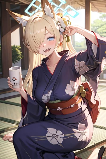 best quality, masterpiece, highres, solo, {yukata:1.40}, {kimono:1.20}, {kanna_bluearchive:1.15}, animal_ears, long_hair, blonde_hair, hair_over_one_eye, animal_ear_fluff, blue_eyes, breasts, blush, halo, bangs, large_breasts, teeth, sharp_teeth