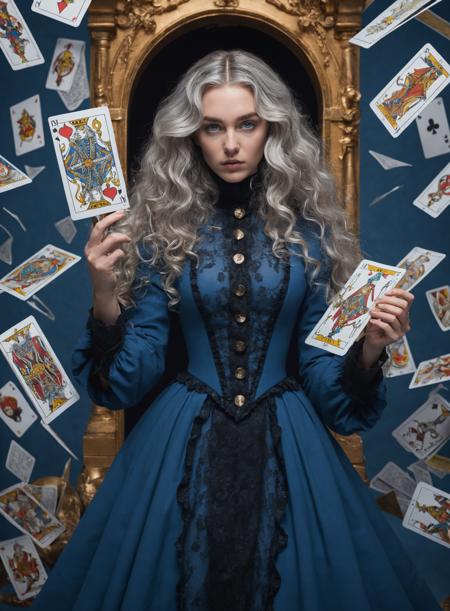 female,silver_hair,blue_eyes,long_hair,curly_hair,blue_dress,high_collar,coat,book,tarot_card,floating_objects,elegant,military_inspired,persona_series,velvet_room,formal_attire,pointed_shoes,full_body,ethereal,anime_style,holding an open book,(flying tarot cards:1.3),floating objects,dancing,dynamic pose,in a blue velvet room,stern serious face,