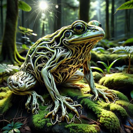 A realistic green frog sits calmly on a mossy rock in a dreamy, misty forest. It glows faintly with golden light. Slowly, it begins to transform—its body stretching upward, limbs unfolding, glowing energy swirling as it becomes a full-grown man. The man wears soft, flowing linen clothes, and has shoulder-length, slightly tousled silver-gray hair. His face is gentle, with defined cheekbones and expressive, tired eyes that hold a trace of sorrow. Just as a subtle smile begins to form, he turns slightly—his body caught in a soft, graceful spin—and transforms back into the glowing green frog in one fluid motion. Hyperrealistic detail, cinematic lighting, natural forest ambience, magical energy particles, loop-friendly.