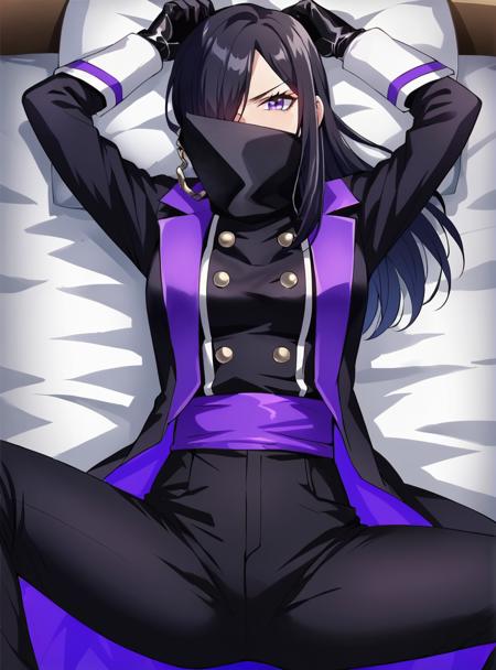 RitaKing black coat, one eye covered,boots,high collar,covered mouth ,mouth mask,mask,black gloves,hair over one eye,gloves,long hair,purple eyes,
