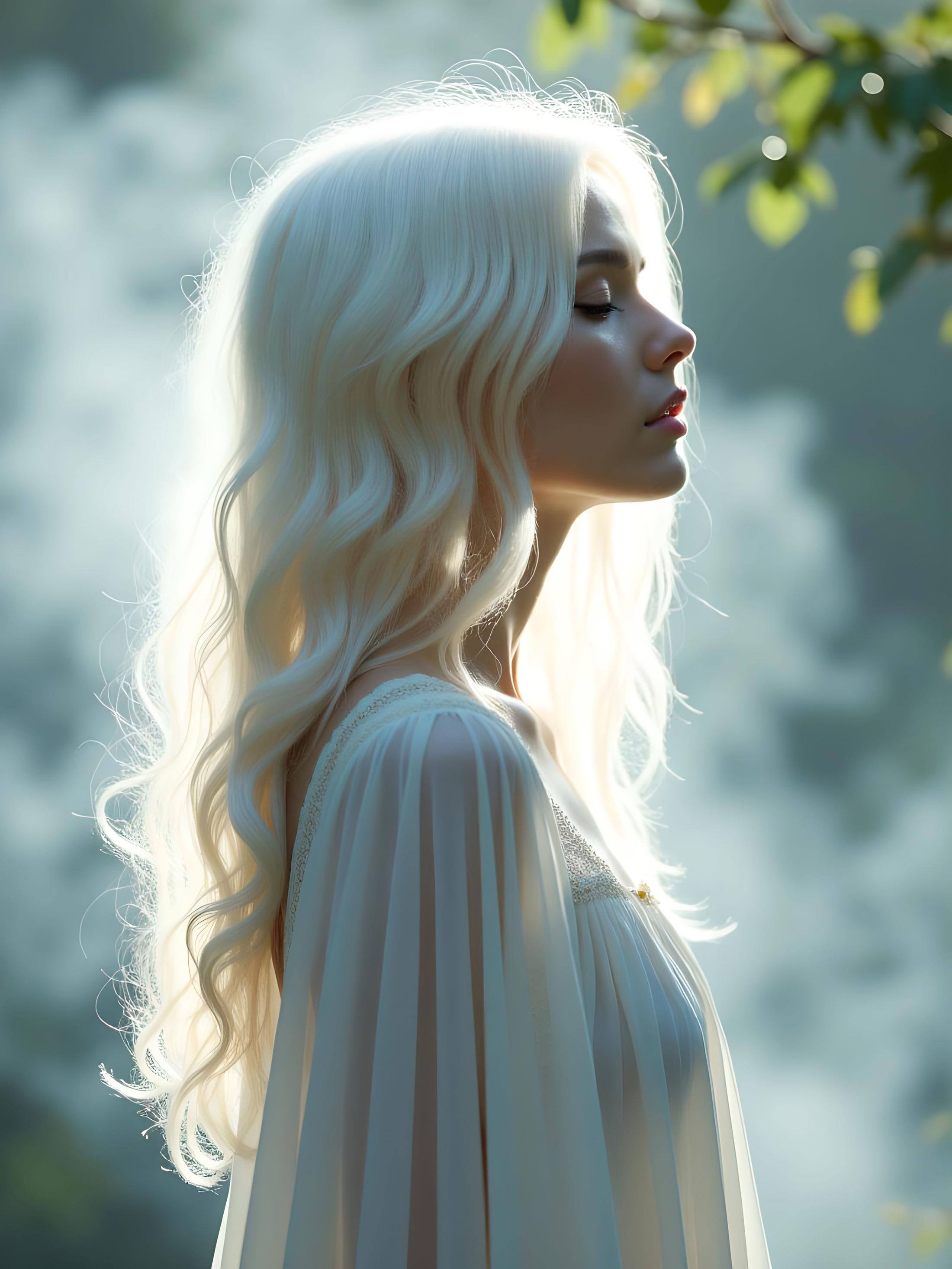 A white-haired girl stands gracefully at the center of a misty scene,enveloped in soft lighting that accentuates the serene beauty of her delicate features. Her flowing white hair catches the gentle,diffused light,creating a soft,ethereal glow around her. The intricate texture of her skin is visible,with finely detailed pores enhancing her lifelike presence. A subtle film grain effect lends the image a cinematic quality,adding depth to the serene moment., Surrounded by an almost otherworldly mist,the girlâs figure exudes calm and tranquility. Low-key lighting enhances the mysterious atmosphere, aidmaimageupgrader, aidmaMJ6.1m, detailmaximizer <lora:aidmaImageUpgrader-FLUX-V0.2:1.0> <lora:flux.1_lora_flyway_Epic-detail_v2:0.8> <lora:aidmaMJ6.1_aidmaMJ6.1-FLUX-v0.4:0.4>