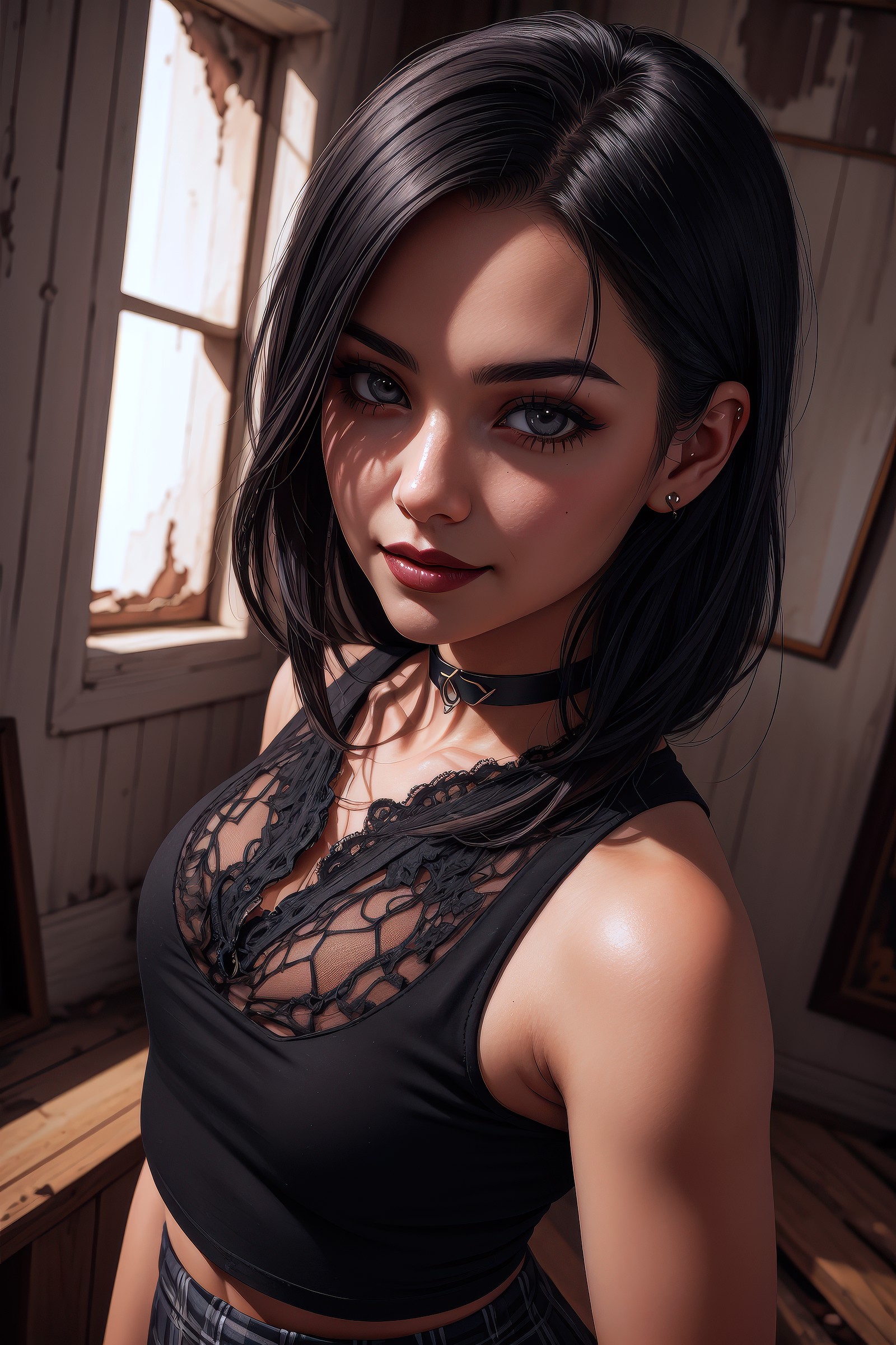 sumptuously detailed painting, goth girl, (unconventional black hair), black tank top, black plaid skirt, black choker, sm...