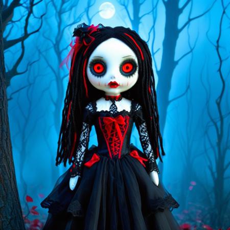 concept art , ultra detailed, ultra quality, cinematic, dramatic lighting <gothic doll:1.2>, porcelain skin, <black lace dress:1.3>, <Victorian corset:1.2>, <dark forest setting:1.5>, foggy atmosphere, moonlight filtering through twisted trees, eerie bluish light, glowing red eyes in the background, <detailed foliage:1.2>, <delicate black veil:1.1>, intricate textures, ethereal and mysterious, high contrast, <soft rim lighting:1.3>, cinematic depth of field
 <lora:Gothic-Dolls:1> . digital artwork, illustrative, painterly, matte painting, highly detailed