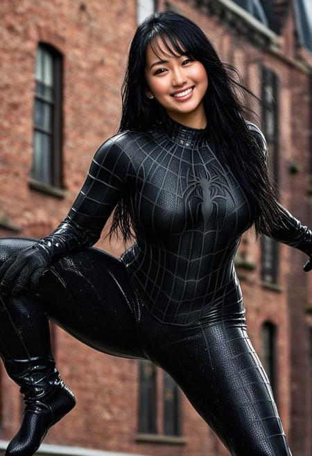 score_9, score_8_up, score_7_up, best quality, realistic, masterpiece, beautiful detail, hyperrealistic, afternoon sky, ((1girl, woman body, huge breasts)), amazing detailed full body portrait of a beautiful japanese girl, wearing a realistic and highly detailed black raimi spider-man suit, ((huge muscular girl)), professional model wears ultra - detailed black raimi spider - man suit, ultra - detailed and grained black raimi spiderman suit, suit covered entire body and hand, black spiderman gloves, wet, dancing, (black hair), (cute smile), (dirty skin), close up, octane render, highly detailed, volumetric, dramatic lighting, (highest quality:1.1), (HDR:1.3), (top quality, best quality), realistic, high definition, Expressionism - sharp focus, professional photography, masterpiece, ultra detailed photograph, high quality, 8k,