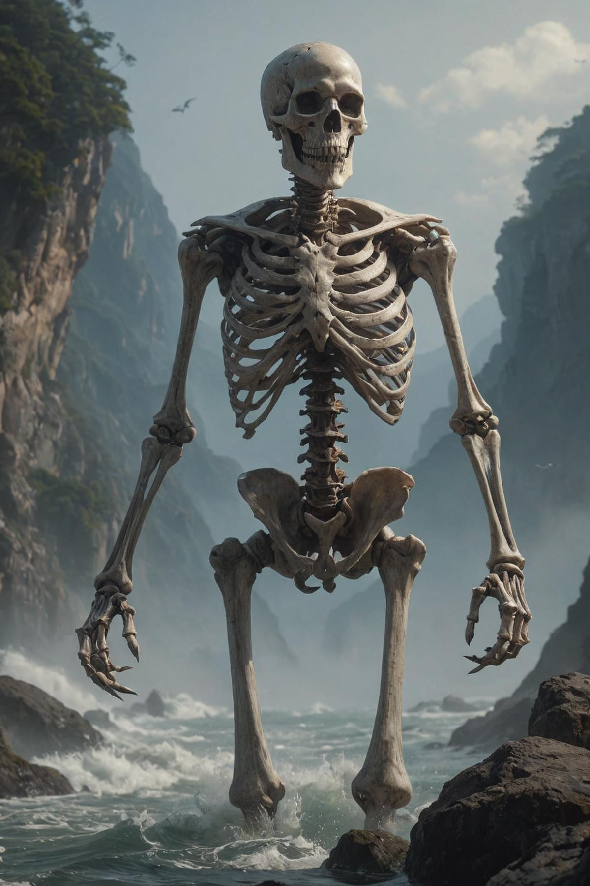 A skeleton standing in front of a waterfall, with a mountainous background.