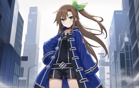 Masterpiece, Best quality, 4k resolution, beautiful eyes, Cyberpunk city, daytime, blue skies, IF, 1girl, boots, green eyes, solo, long hair, brown hair, full body, blue coat, hair between eyes, knee boots, hand on hip, blue footwear, standing, looking at viewer, long sleeves, white background, coat, closed mouth, jacket, sleeves past wrists, hair ribbon, ribbon, simple background, choker, hair bow, smile, dress, green ribbon, bangs, bow, gloves, hair ornament, one side up, open clothes, black shorts, eyebrows visible through hair, open coat