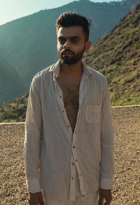 Virat Kohli, handsome, unbuttoned open shirt, 20 yers old, (detailed eyes:1.2), (real human eyes:1), rugged, 4k, highly detailed, canon 5D, long shot, cinematic, mountain back drop, sunny, (soft lighting:1.3), (soft focus:1.2), warm glow, waxed, anatomically correct, best quality, masterpiece, foggy atmosphere, golden hour, (athletic build:-1), light wrap, dark eyes,