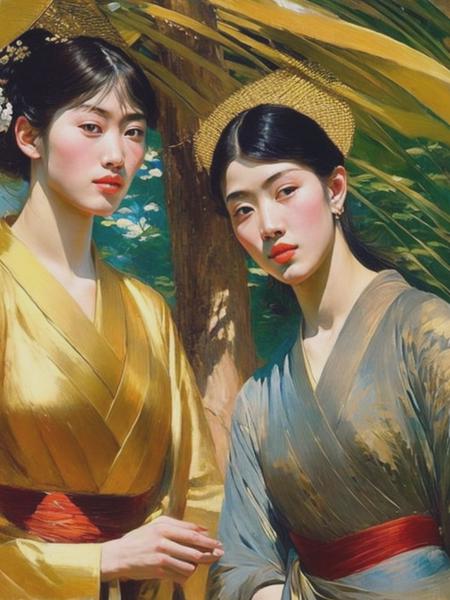 <lyco:LovisCorinth:1.0> a very messy, impasto oil painting by both Frank Brangwyn and John Singer Sargent that depicts two exceptionally beautiful, slim Japanese women with long faces with a golden Japanese screen that depicts a pine tree in the background