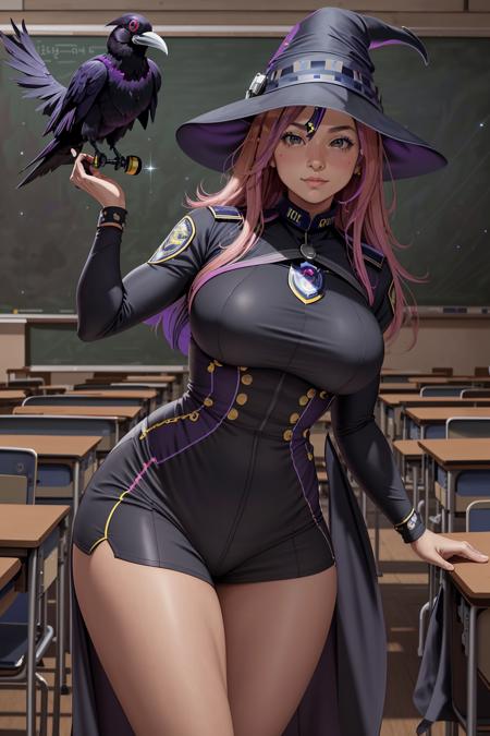 beautiful, elegant, confident, (masterpiece), (best_quality), (ultra-detailed), (illustration), (welcoming), 1girl, (scaled raven astronomer police officer:1.3), (in a  classroom:1.3), scenery, full body, multicolor hair with brown highlights, long hair, peach eyes, [:creative costume design:0.2], dancing, medium breasts, sexy thicc slim perfect hourglass figure,(muscular:0.6), , (witch outfit, side cutout:1.2), , official art, vivid color, finely detailed, hyper detailed, 8k, high resolution illustration, absurdres, intricate detail<lora:EnvyElegance598-quantile28:1><lora:EnvyCuteMix01:1>