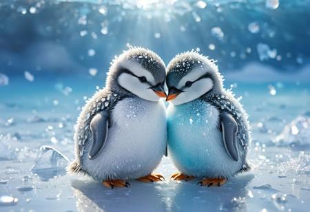 two adorable chibi penguins hugging on the ice, 
snowy icy artic background, 
Broken Glass effect, 
no background, 
stunning, 
something that even doesn't exist, 
mythical being, 
energy, 
molecular, 
textures, 
iridescent and luminescent scales, 
breathtaking beauty, 
pure perfection, 
divine presence, 
unforgettable, 
impressive, 
breathtaking beauty, 
Volumetric light, 
auras, 
rays, 
vivid colors reflects