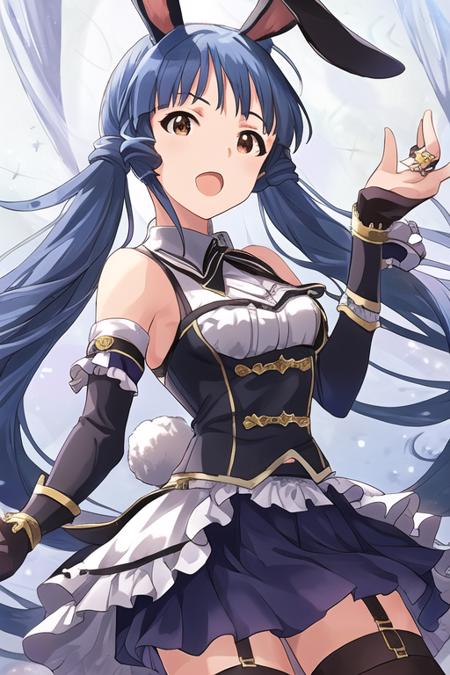 REIKA KITAKAMI,
Rarity SSR,
1girl, animal ears, bare shoulders, belt, blue hair, breasts, brown eyes, buckle, detached sleeves, frills, jabot, long hair, looking at viewer, medium breasts, o-ring, one eye closed, open mouth, rabbit ears, shoulder strap, skirt, skirt lift, smile, solo, taser, thigh strap, thighhighs, twintails
<lora:mirishita-v1.0:1>