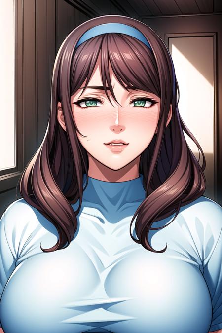 Simple White Background,
blue shirt,
<lora:Natsume_Sayoko_Ochiruhitoduma-KK77-V1:0.7>,
brown hair,bangs, long hair,green eyes, hairband, 
<lora:Mariana_Luciano_NON_VIRGIN-KK77-V1:0.3>,<lora:more_details:0.1>,
1 girl, 20yo,Young female,Beautiful Finger,Beautiful long legs,Beautiful body,Beautiful Nose,Beautiful character design, perfect eyes, perfect face,expressive eyes,perfect balance,
looking at viewer,(Focus on her face),closed mouth, (innocent_big_eyes:1.0),Light_Smile,
official art,extremely detailed CG unity 8k wallpaper, perfect lighting,Colorful, Bright_Front_face_Lighting,shiny skin, 
(masterpiece:1.0),(best_quality:1.0), ultra high res,4K,ultra-detailed,
photography, 8K, HDR, highres, absurdres:1.2, Kodak portra 400, film grain, blurry background, bokeh:1.2, lens flare, (vibrant_color:1.2),professional photograph, 
(Beautiful,large_Breasts:1.4), (beautiful_face:1.5),(narrow_waist),