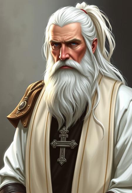 Father Larwyn is a tall, well built man.  The years behind the desk have done
nothing to diminish his physique--if they have, you would hate to
 have met him in a fight then!.  His long white hair is pulled back in a
 pony-tail and his blue eyes regard with with kindness.  He wears the white
robe of a high priest.