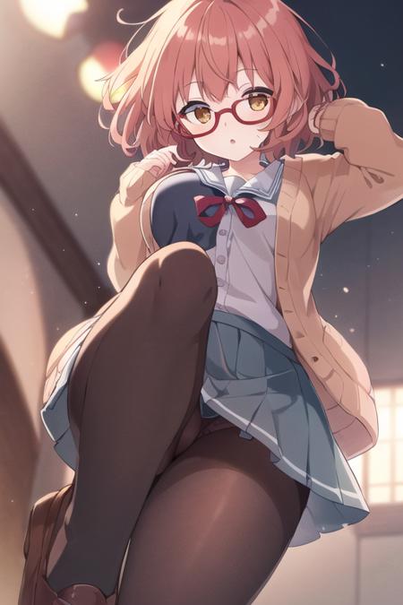 (1girl), solo, <lora:Mirai:0.5>, kuriyama_mirai, brown_hair, brown_shoes, black_legwear, blue_skirt. cardigan, glasses, open_cardigan, open_clothes, pantyhose, pleated_skirt, red-framed_eyewear, school_uniform, serafuku, short_hair, skirt, (extremely detailed), breasts, detailed hair, best resolution, best quality, (standing), ((from below)), below skirt, under the skirt, (close view on underwear from below), upshirt, <lora:upshirtUnderboob_v10:0.35>, best resolution, best quality, (Masterpiece), extremely detailed face, Original Character, perfect lighting, best colors, colorful, beautiful, fine detail, ultra high resolution, Natural Volumetric Lighting And Best Shadows, Deep Depth Of Field, (Highest Quality, Amazing Details:1.4)