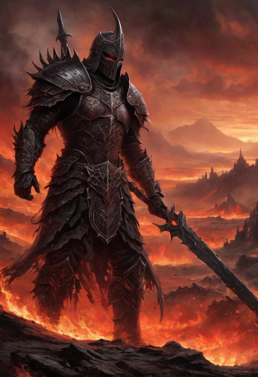 Under the blood-red sky of a forgotten battlefield, a towering warrior clad in blackened steel strides across the charred earth, his massive sword trailing behind him, leaving a trail of molten fire in its wake. His armor glows faintly with a crimson light, pulsating with the dark energy of the cursed blade he wields. Around him, the scorched remnants of fallen enemies litter the ground, their bones cracking beneath his heavy boots as he walks toward an ancient, crumbling gate in the distance. The air is thick with smoke and ash, the distant roar of dragons echoing across the barren landscape. The scene captures the epic scale of dark fantasy warfare, drawing from the brutal beauty of Berserk and the mythic intensity of The Lord of the Rings' battles.<lora:MysticFantasy>