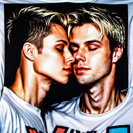 ( Ultradetailed desing T-Shirt square inside portrait woman and man kissing, Sci-Fi marc , 8k , tecnology detailed,chips, mechanism, beautiful neon colors , blonde and black hair, scuare desing:1.0)