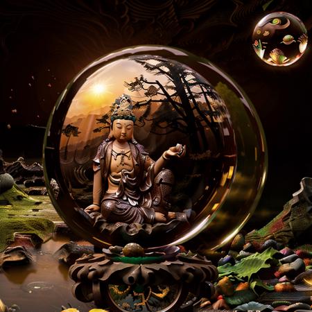 (Guanyin in the crystal ball:1.5) sits with  a lotus seat, Chinese temples scattered among the beautiful and peaceful forest in the distance,  waterfall cascading into a lake or stream in the background, mountains and briliant small lake in the background, Lotus in the foreground, Clear and distinct fingers, clear and distinct toes, clear and distinct facial features,jewelry, leaf, lily flower, lily_pad, necklace, plant, solo, trail, cherry blossom,  the sun's rays, sparkly ripples, wind ripples, hyper hight detailed, real photo, intricate details, perfect composition, beautiful detailed intricate, 8 k photography, photorealistic, masterpiece, Photo-realistic, Image enhancement,Image post-processing,Image retouching