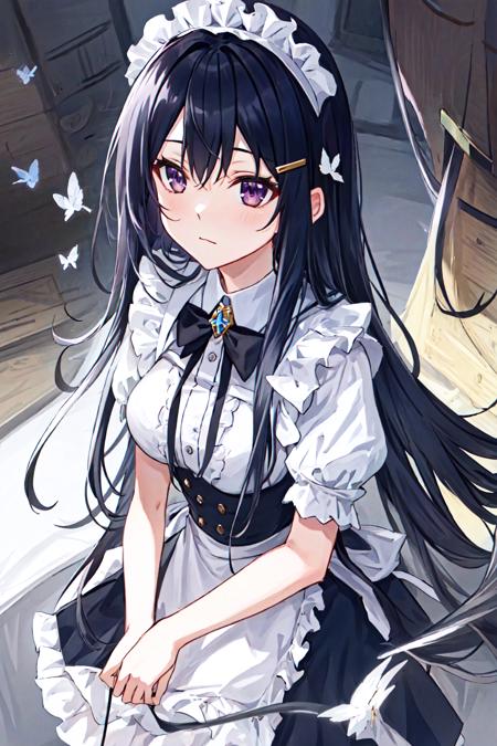 masterpiece,best quality, very detailed background, highly detailed background, 1girl, solo, sky,  <lora:miharu_sg:0.6>, black hair, long hair, brown purple eyes, breasts, medium breasts, Black bow,  butterfly hairclip, hair ornament, maid costume, cold face, closed mouth,