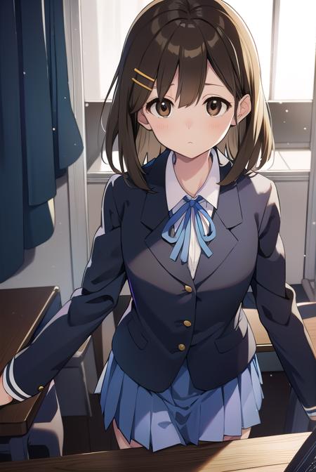 yuihirasawa, <lora:yuihirasawatest:1>, yui hirasawa, (brown eyes:1.5), brown hair, hair ornament, hairclip, medium hair, (flat chest:1.2), BREAK black pantyhose, blazer, blue jacket, blue ribbon, blue skirt, buttons, collared shirt, jacket, long sleeves, neck ribbon, pantyhose, pleated skirt, ribbon, sakuragaoka high school uniform, school uniform, shirt, skirt, white shirt, winter uniform, BREAK looking at viewer, BREAK indoors, classroom, BREAK <lora:GoodHands-vanilla:1>, (masterpiece:1.2), best quality, high resolution, unity 8k wallpaper, (illustration:0.8), (beautiful detailed eyes:1.6), extremely detailed face, perfect lighting, extremely detailed CG, (perfect hands, perfect anatomy),