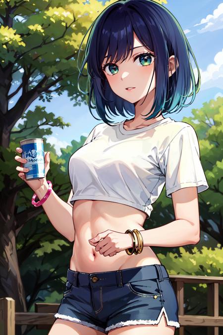 masterpiece, best quality, highres, 1girl, hmakane, blue hair, short hair, gradient hair, medium breasts, <lora:kurokawa_akane_v1:0.8>, white shirt,, midriff, short shorts, bracelet, park, outdoors, holding can, can